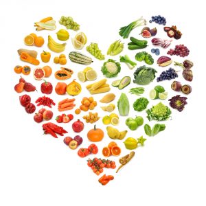 Rainbow heart of fruits and vegetables to show how target has introduced in store healthy cafes 