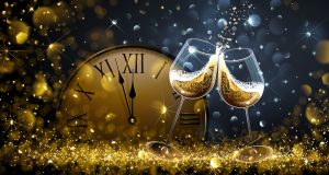 Twelve o'Clock on New Year's Eve with champagne and bokeh effects. Vector illustration