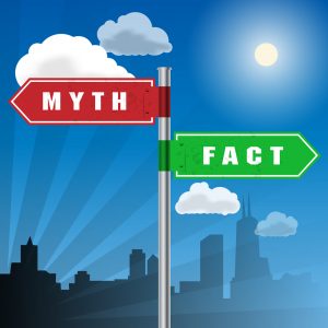 Road sign with words Myth, Fact, vector illustration to illustrate real estate facts