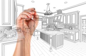 And architectural kitchen design with an architect hand making changes to show Kitchen Renovations
